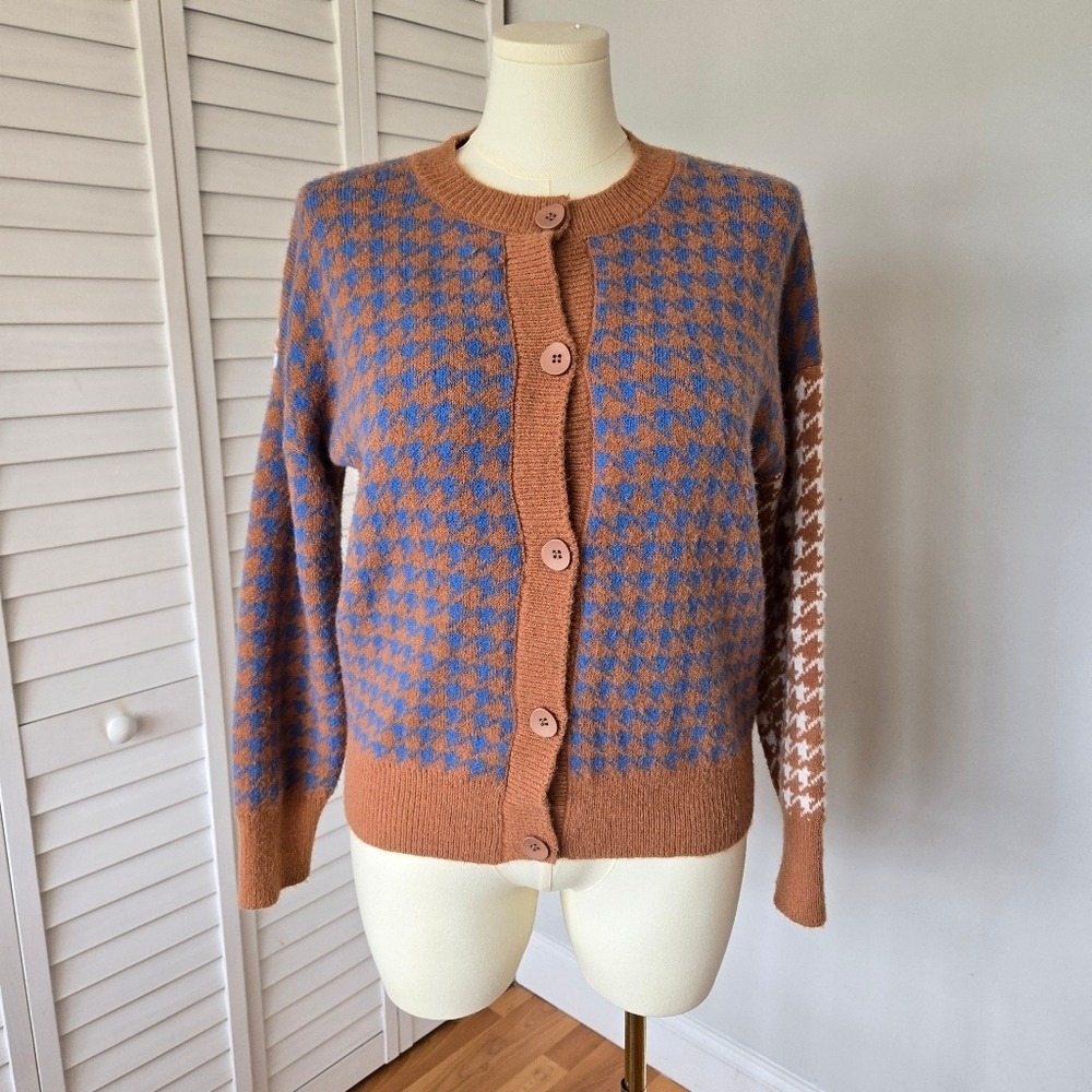 Brown & Blue Mixed Houndstooth Knit Cardigan Size L Cozy Soft Preppy Retro Fall - Picture 2 of 9
